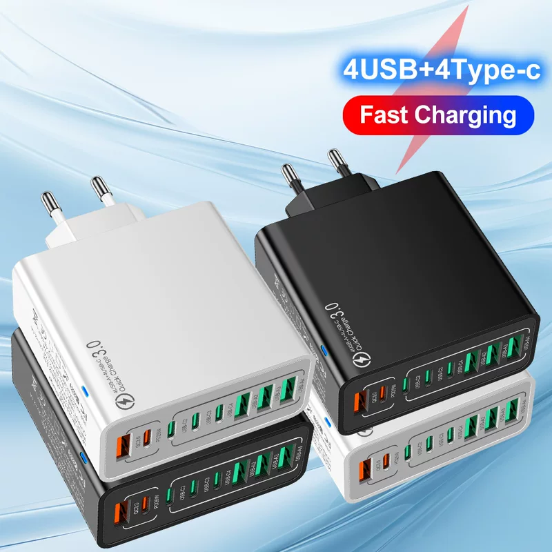 Зарядное устройство для мобильного телефона с 8 портами (4 USB + 4 Type-C), многопортовый быстрой зарядки QC3.0
