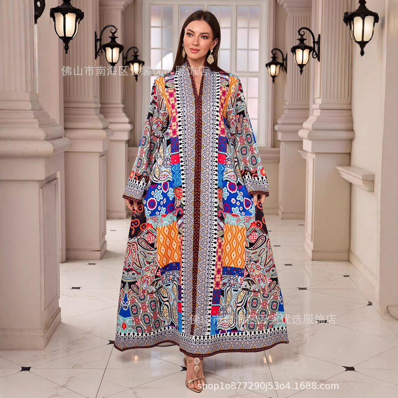 New Ethnic Style Printed Long Robe with Long Sleeves, V-Neck, and Rhinestone Embellishments