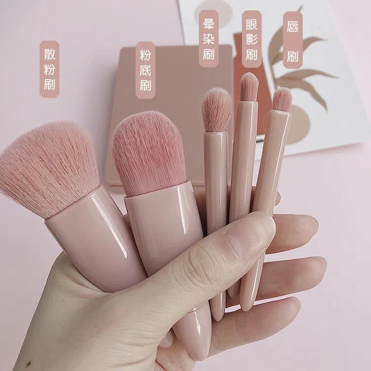 5-piece makeup brush set, eyeshadow, blush, lip brush, loose powder brush, portable with mirror, beauty tools for cross-border use undefined