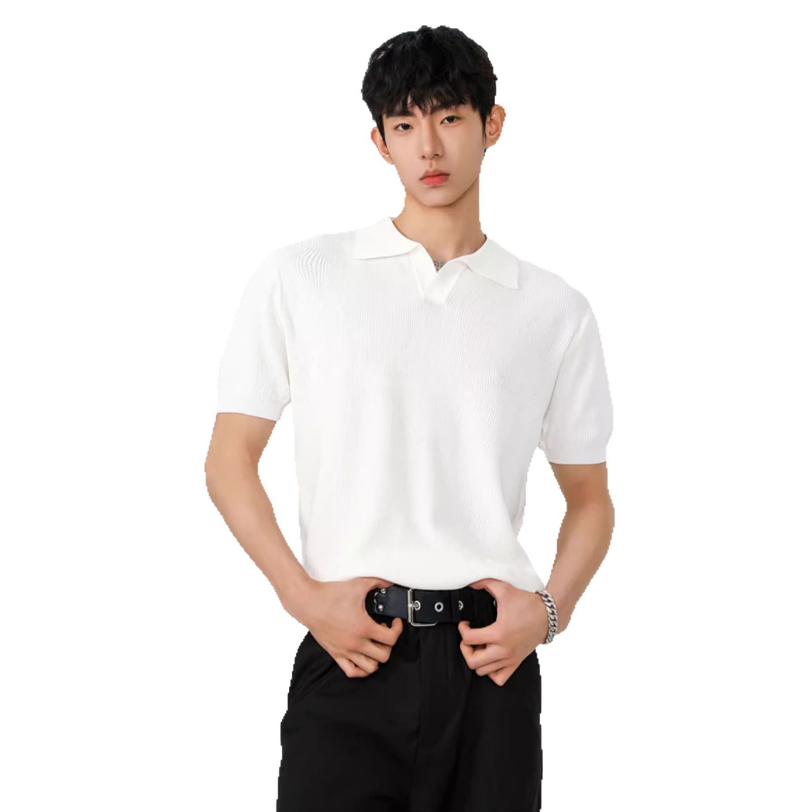 Verano nuevo suéter de punto de seda de hielo de manga corta para hombres camisa POLO delgada de negocios con cuello en V camiseta de moda comercio exterior al por mayor transfronterizo