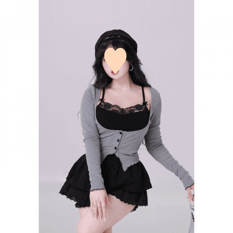 조심 기계 가짜 2 피스 긴팔 니트 카디건 여성의 봄 여름과 가을 스파이스 걸스 새로운 재킷 순수한 욕망 탑 짧은 치마 세트