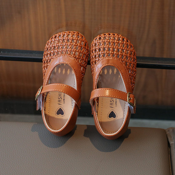 Children's Woven Hollow Sandals 2025 Summer New Style Girls' Small Middle and Large Children's Solid Color All-Match Baotou Sandals Trendy