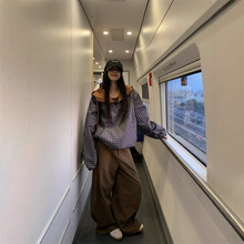 2024秋冬季百搭潮流bf慵懒风撞色格子套头连帽冲锋衣显瘦格子外套