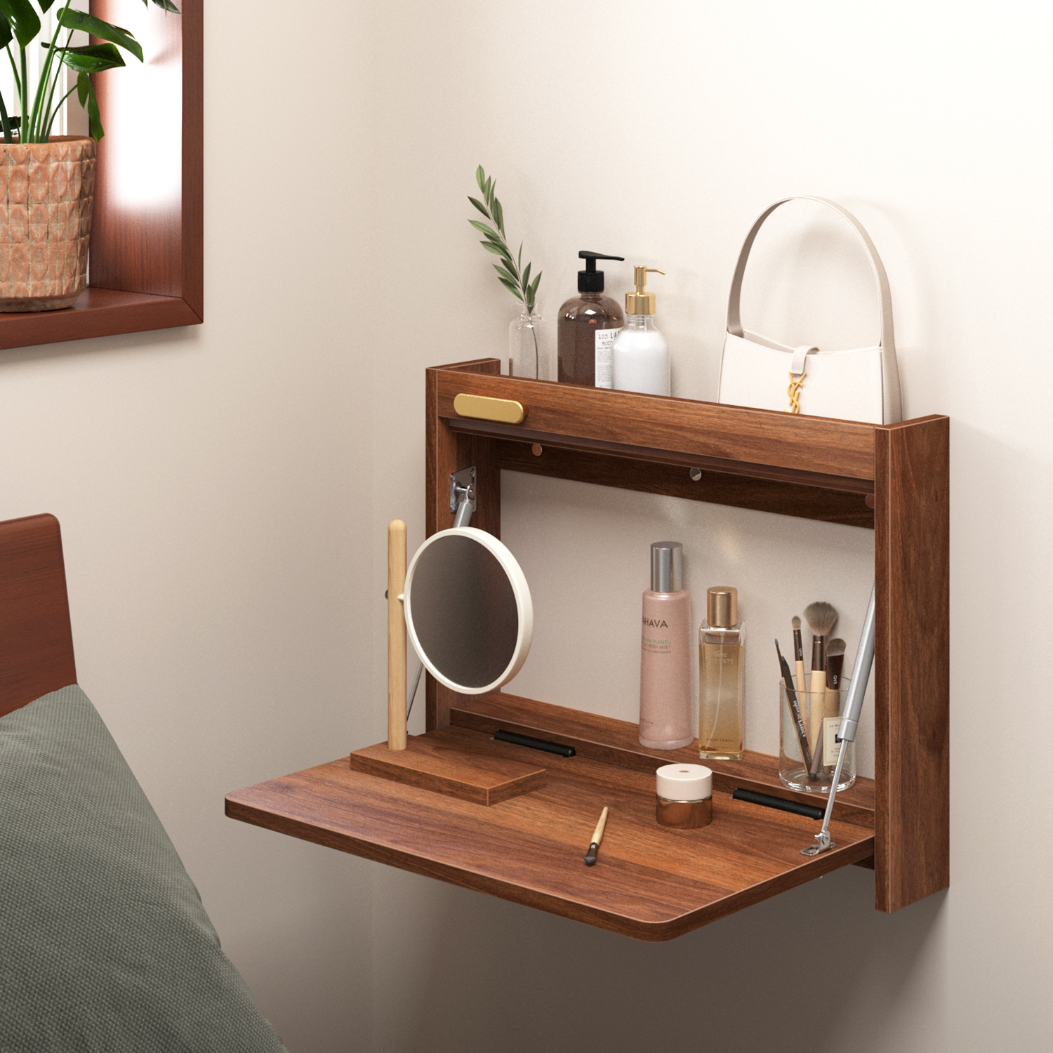 Dressing Table Makeup Mirror Wall-Mounted Invisible Small Size Wall-Mounted Desk Storage Desk Makeup Table Suspended