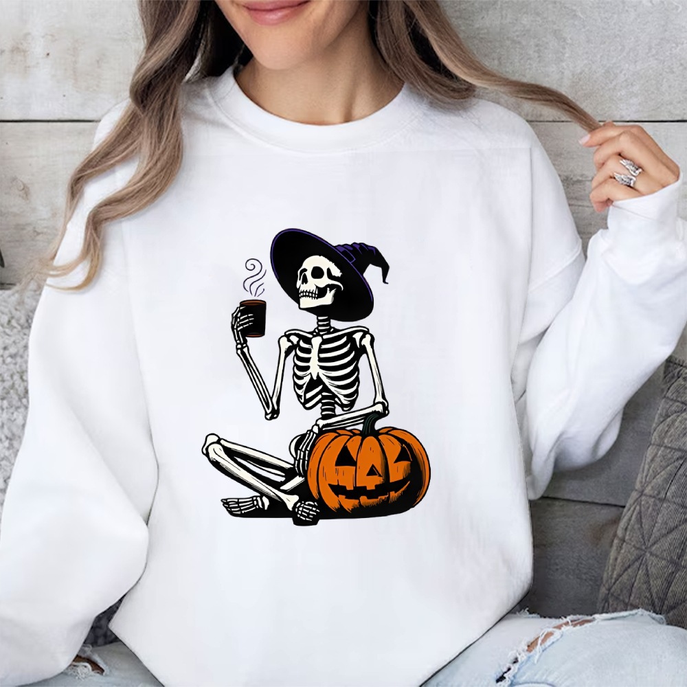 Skeleton Pumpkin Halloween Long Sleeve Top Retro Fall Coffee