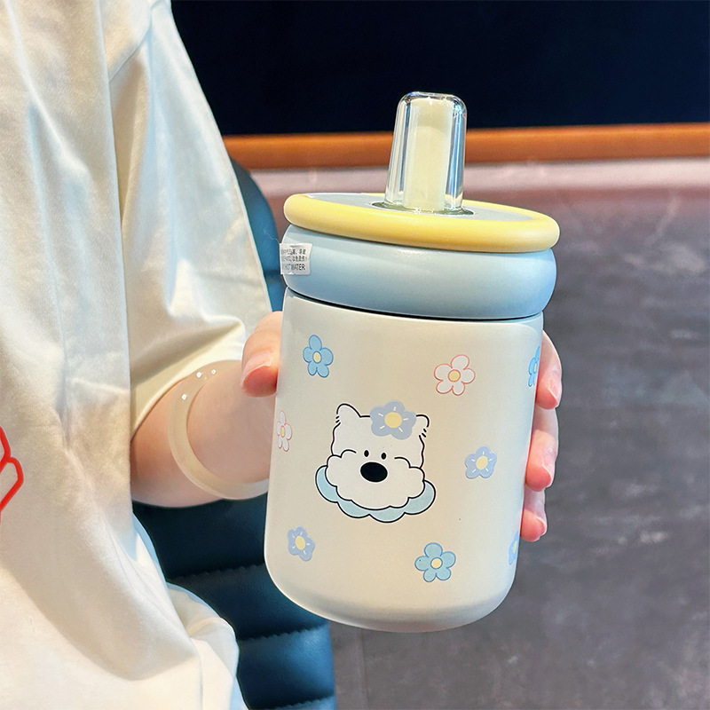 新型ins女子高颜値ストローカップ316ステンレス保温カップ陶磁器内胆カップ学生随行カップ|undefined