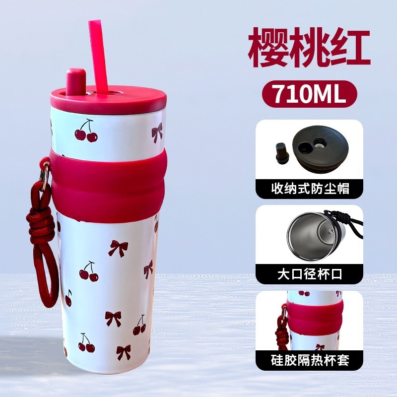 不锈钢便携保温杯高颜值大容量冰霸杯女生带提绳吸管车载咖啡杯子|undefined