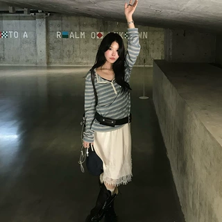 现货莱赛尔秋季韩系纽扣半开领宽松条纹针织长袖T恤上衣内搭女