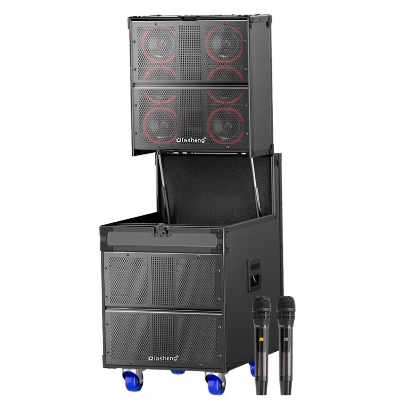 Sistema de audio para escenarios cuadrados, karaoke de alta potencia, transmisión en vivo al aire libre, actuaciones en eventos a gran escala, altavoces profesionales, Bluetooth, alto volumen.