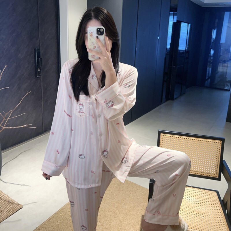 Striped Baseball Autumn New Long Sleeve Long Pants Cartoon Striped Pajamas Pink Age-Reducing Ice Silk Homewear
