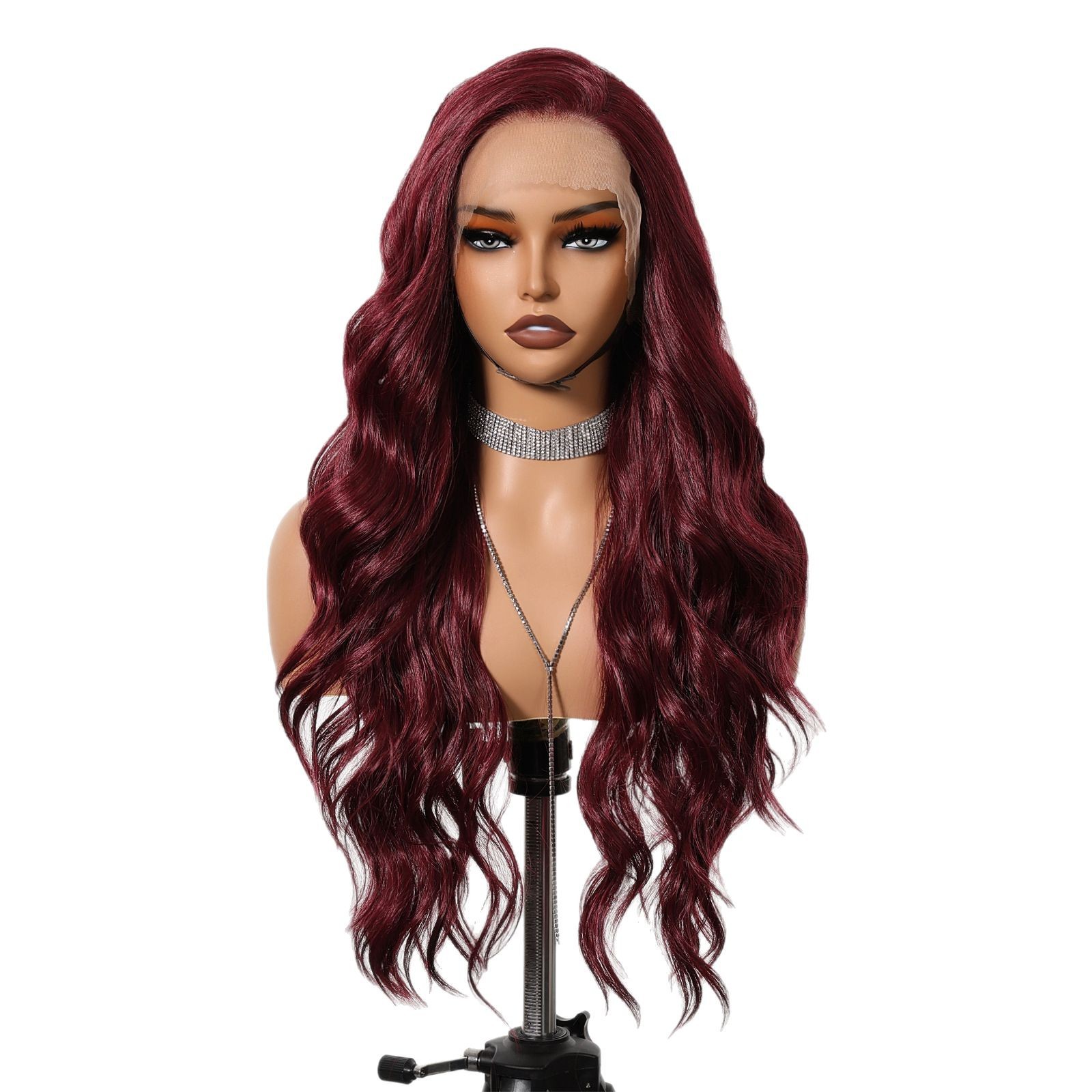 Nuevo producto transfronterizo 13*6 peluca de encaje de área grande, seda mate importada de alta temperatura, rojo vino, rizos largos de costura libre