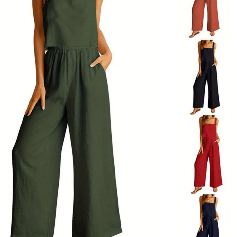 2025 Cross-Border New European and American Export Women's Clothing 2-Piece Set Square Collar Sleeveless Camisole Wide-Leg Pants Casual Set