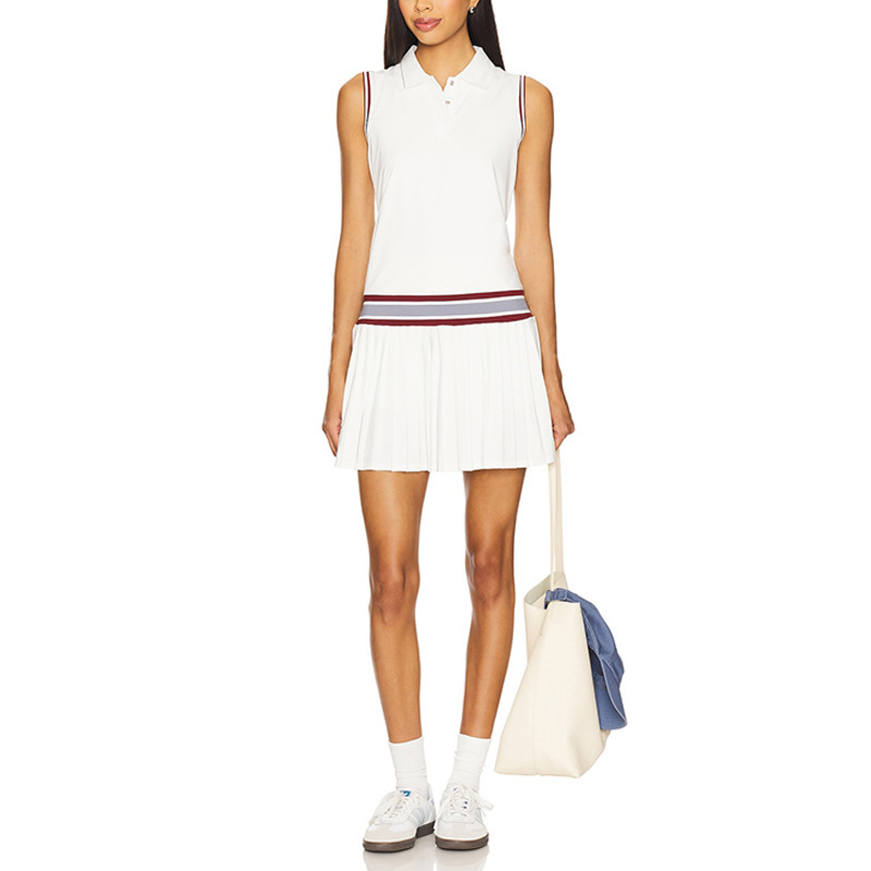 Cross-Border New Contrast Color Polo Collar Tennis Skirt Anti-Exposure Pleated Hem Running Fitness Skirt Outdoor Sports Fitness Clothing