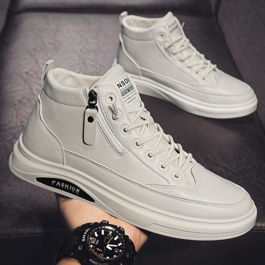 High-top men's shoes spring British style casual leather shoes men's black mid-top board shoes spring waterproof Martin boots tide