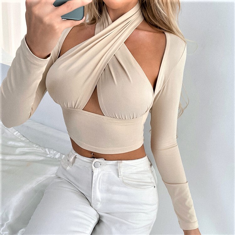 2023 Spring/Summer European and American Cross-Border New Fashion Sexy Cross-Neck Loose T-Shirt with Raglan Sleeves and Hollow Design for Women