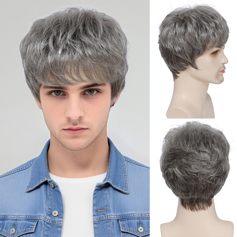 Cross-Border New Wig Men's Gray Layered Short Headgear European and American Men's Chemical Fiber Wig Manufacturers Spot Wholesale
