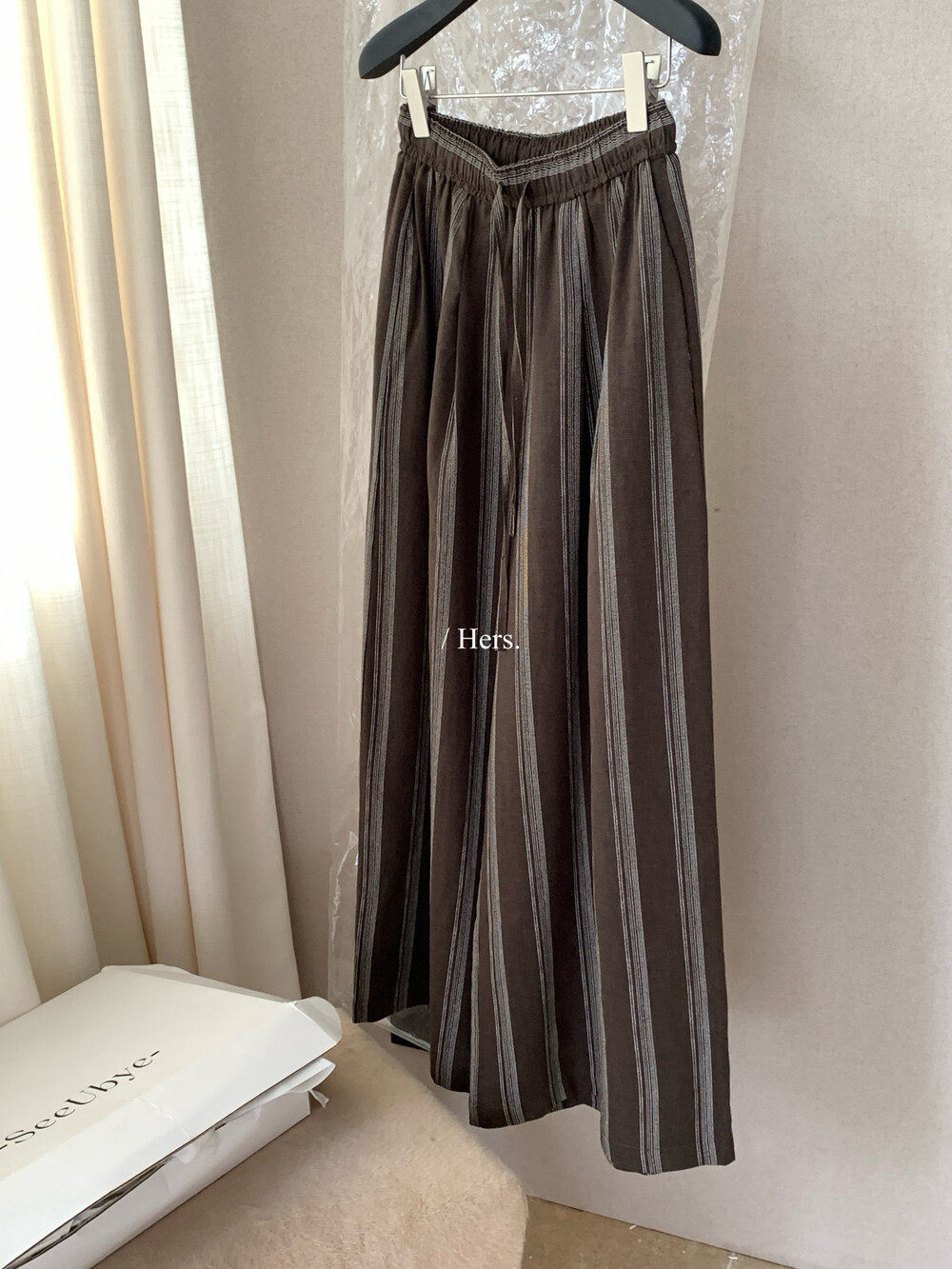 Quần culottes nữ ống rộng cạp cao chun rút dây sọc kẻ chất liệu ramie mùa hè — Màu cà phê, màu mơ chi tiết 12