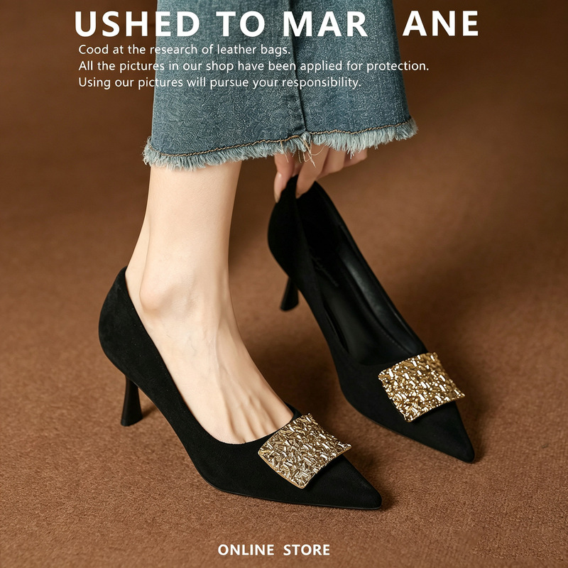Women's stiletto high-heeled shoes, new spring and autumn French style, pointed toe with metal square buckle, slip-on, lightweight shallow single shoes for women Women's stiletto high-heeled shoes, new spring and autumn French style, pointed toe with metal square buckle, slip-on, lightweight shallow single shoes for women
