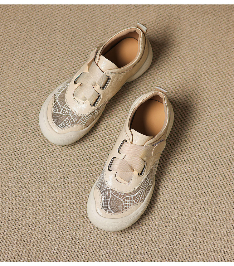 Giày sneaker nữ phối màu da thật lỗ thoáng khí đế bệt buộc dây kết hợp miếng dán — màu trắng ngà chi tiết 14