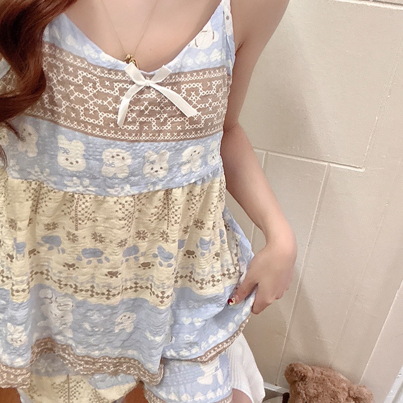 睡衣女夏季新款云朵棉吊带套装带胸垫女短裤纯欲家居服跨境批发