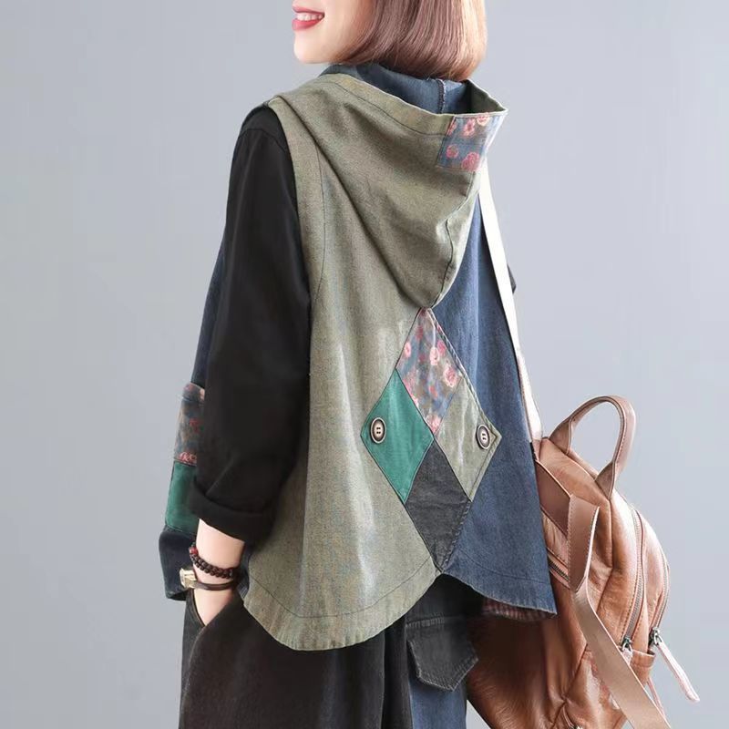 Autumn retro denim vest with hood
