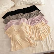 夏季新款V领睡衣女短袖短裤抽绳修身ins风