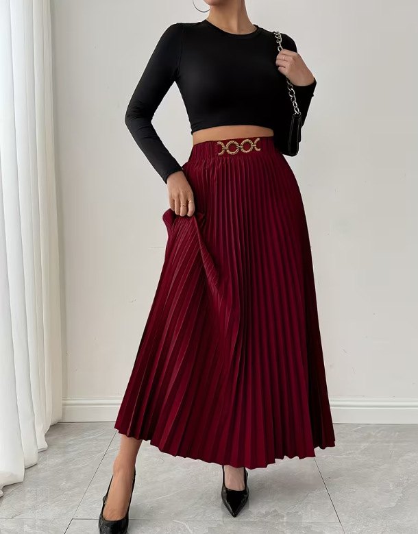 Vêtements pour femmes - Nouvelle jupe midi plissée polyvalente - Taille haute - Coupe trapèze_voghion.com
