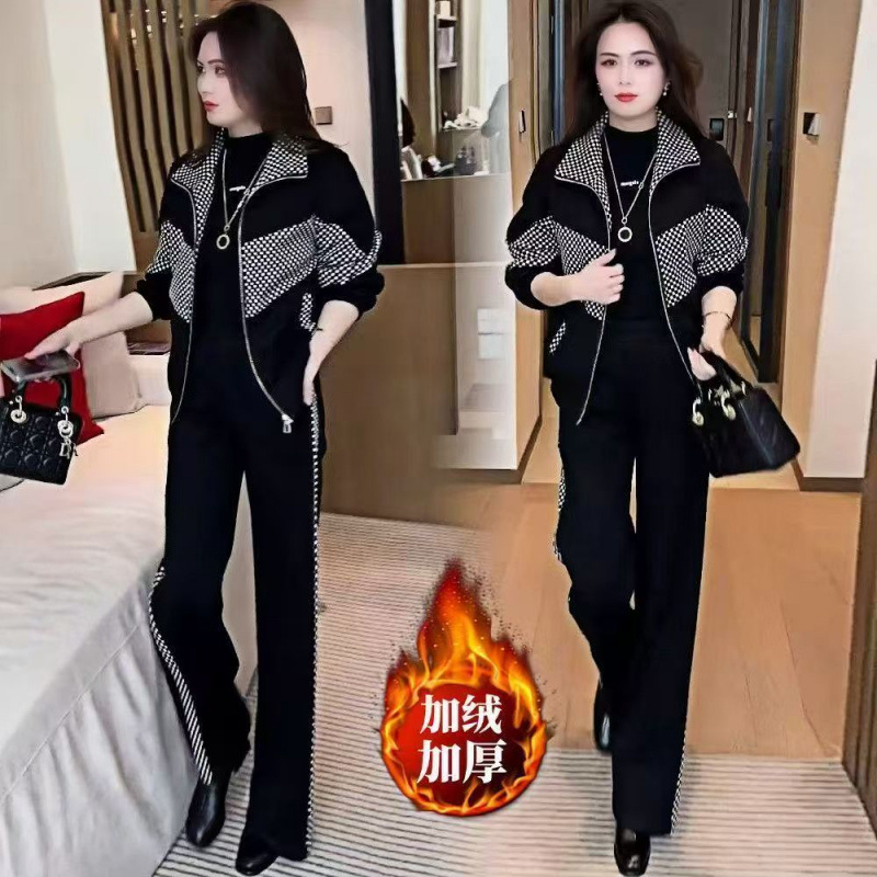 高档洋气加绒加厚休闲套装女秋冬季新款减龄拼接格子外套两件套潮