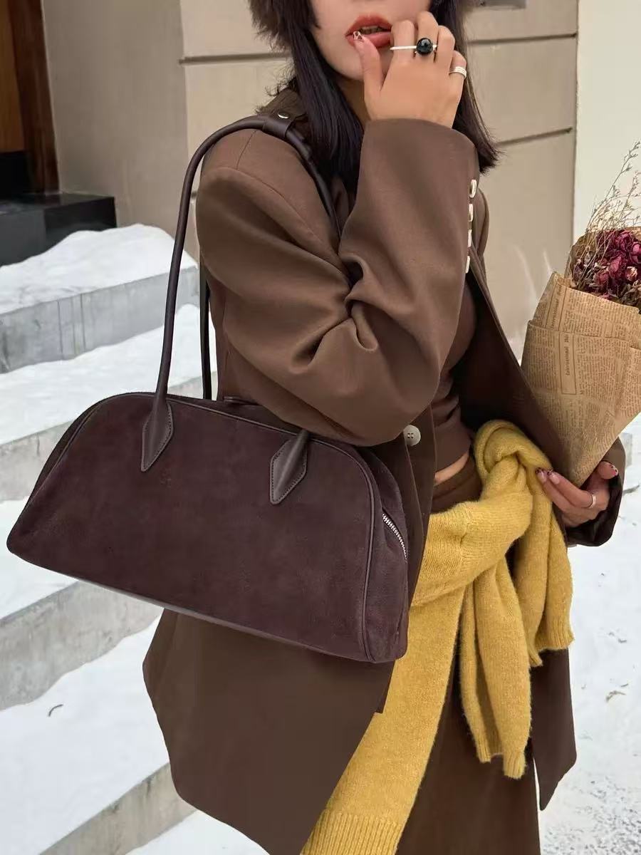 Korea HF Tote Bag Niche French Vintage Matte Cowhide Women's Commuter Bag Large Capacity Shoulder Bowling Bag - Thumbnail 7