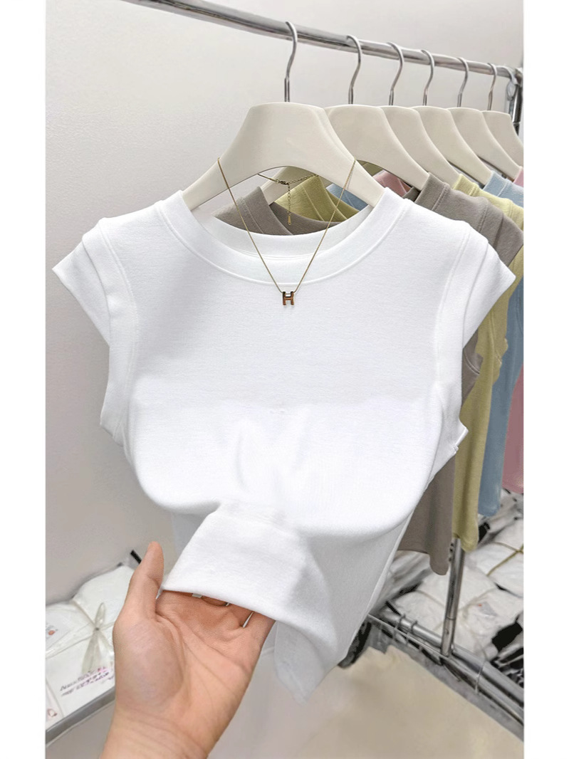 2026年夏新作、小飛袖ラウンドネックタイトフィット半袖Tシャツ、女性用スリムフィットショート丈シンプルエレガントデイリートップス