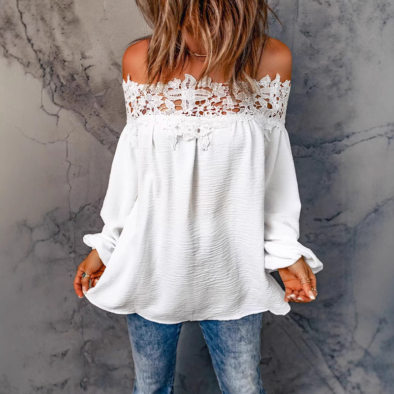 Trendy Summer New Style Off-Shoulder Lace Top for Women, European and American Casual Solid Color Loose Pullover Top for Women Trendy Summer New Style Off-Shoulder Lace Top for Women, European and American Casual Solid Color Loose Pullover Top for Women