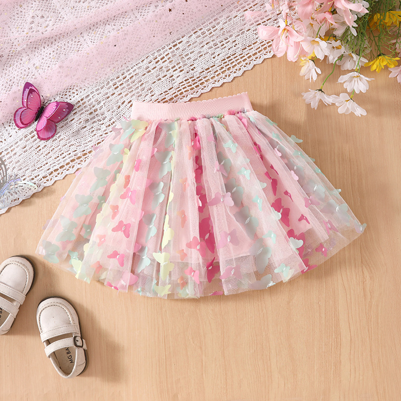 Ropa infantil al por mayor niñas coloridas mariposa tridimensional falda corta de verano falda de princesa de cuatro estaciones y media falda