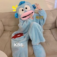 汉顿丑鱼连体睡衣女珊瑚绒加厚保暖鱼嘴睡衣冬季卡通搞怪情侣睡袍