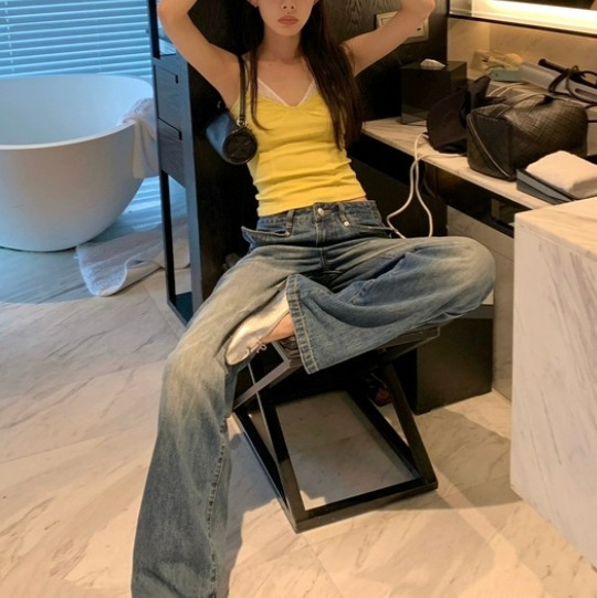SUNONEONE 1百搭直筒收脚牛仔裤女夏磨白压皱宽松复古蓝色休闲裤|undefined
