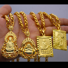 里外一色男士沙金吊牌项链霸气铜镀金观音弥勒佛龙牌吊坠项链批发