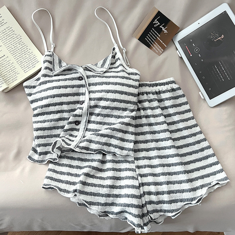 Ins韓国版ストライプパジャマ女性2025新型夏モルデット胸パッド付きストラップストライプ家庭服セット|undefined