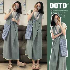 现货 图片已处理 新款2024韩版休闲宽松减龄简约牛仔背带裙套装