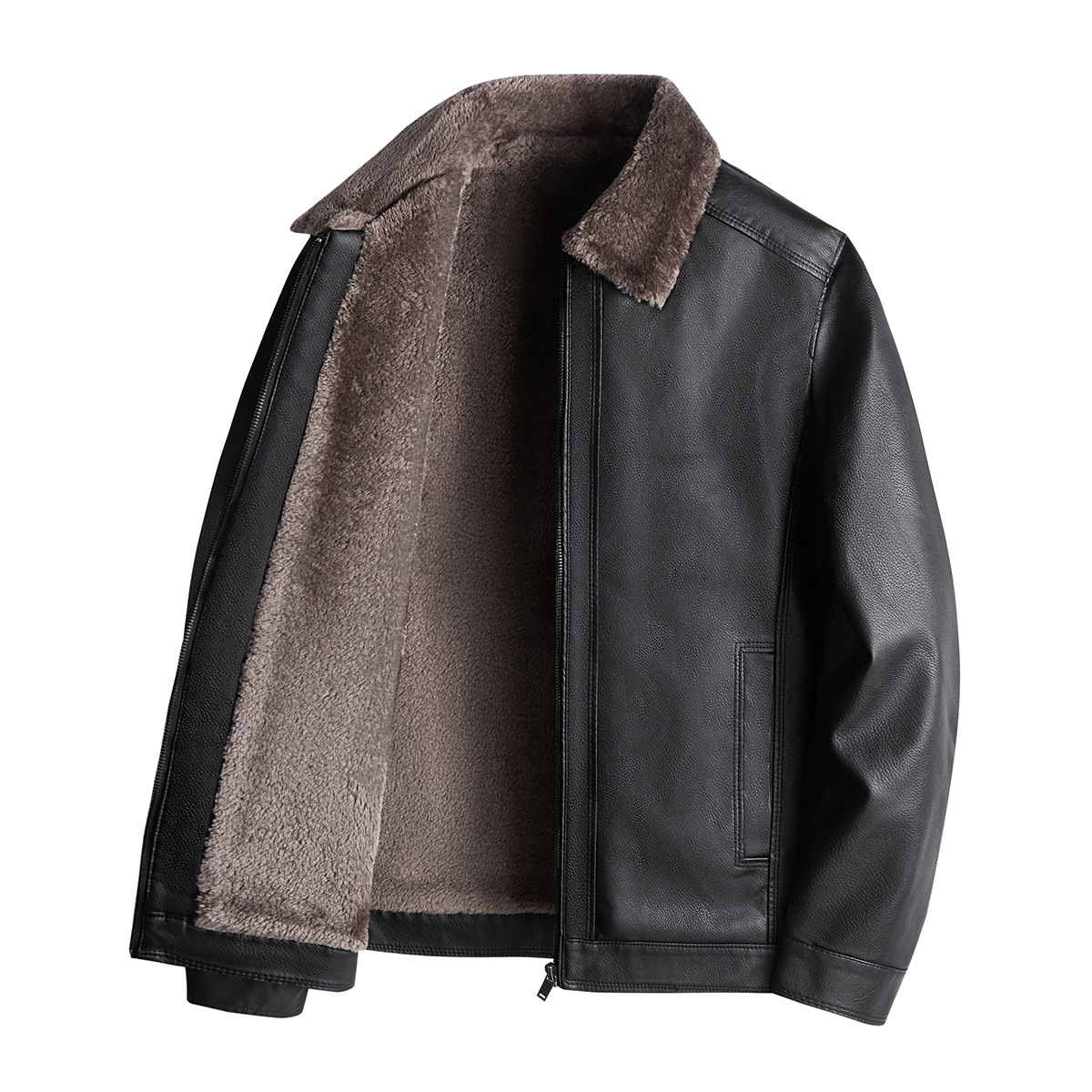 Winter new men's plush PU leather youth lapel, warm middle-aged and elderly dad jacket, business jacket_voghion.com