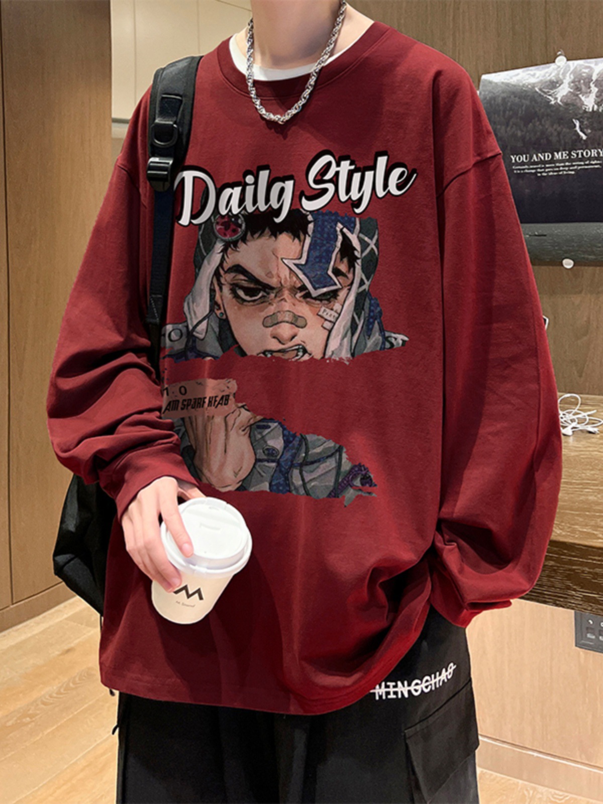 ワインレッド純綿長袖tシャツ男子秋潮牌大サイズ丸首底シャツアニメプリント重ポンド上着