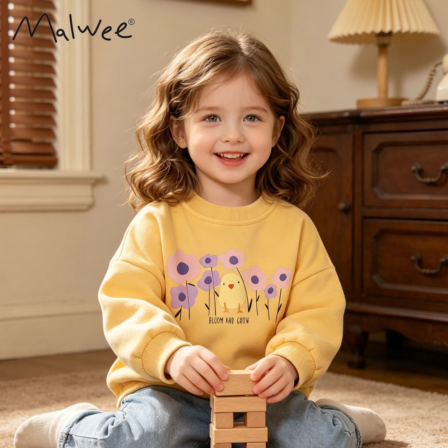 Malwee Girls' Sweatshirt Autumn New Style European and American Style Casual Chic Round Neck Long Sleeve Top for Toddlers