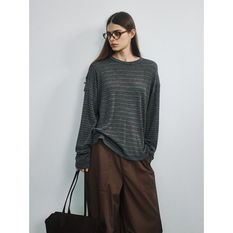 RAME Autumn New Loose Round Neck Fine Striped Soft Skin-Friendly Wool Knit Sweater C6452 RAME Autumn New Loose Round Neck Fine Striped Soft Skin-Friendly Wool Knit Sweater C6452