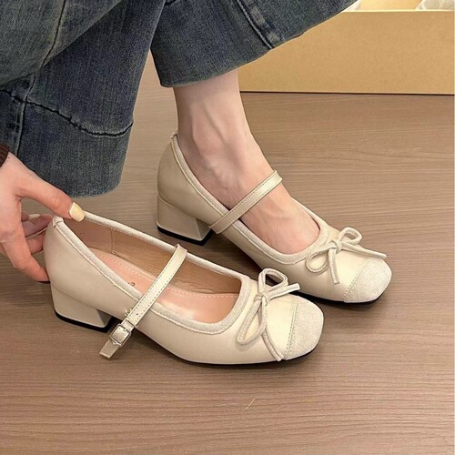 Korean Style Rough Heel Bowknot One Strap Mary Jane Shoes for Women, Soft Leather, Pair with Skirts, Small Feet Casual Low Mouth Single Shoes