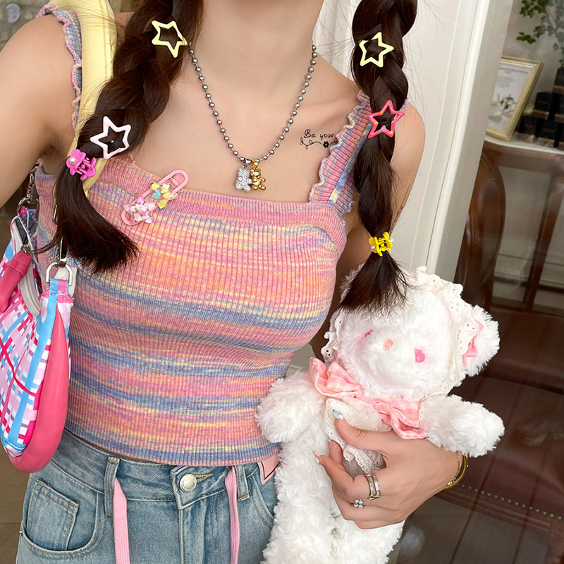 Knitted Camisole for Women, Outerwear, Base Layer, 2026 Summer New Style, Dopamine Rainbow Striped Sleeveless Top