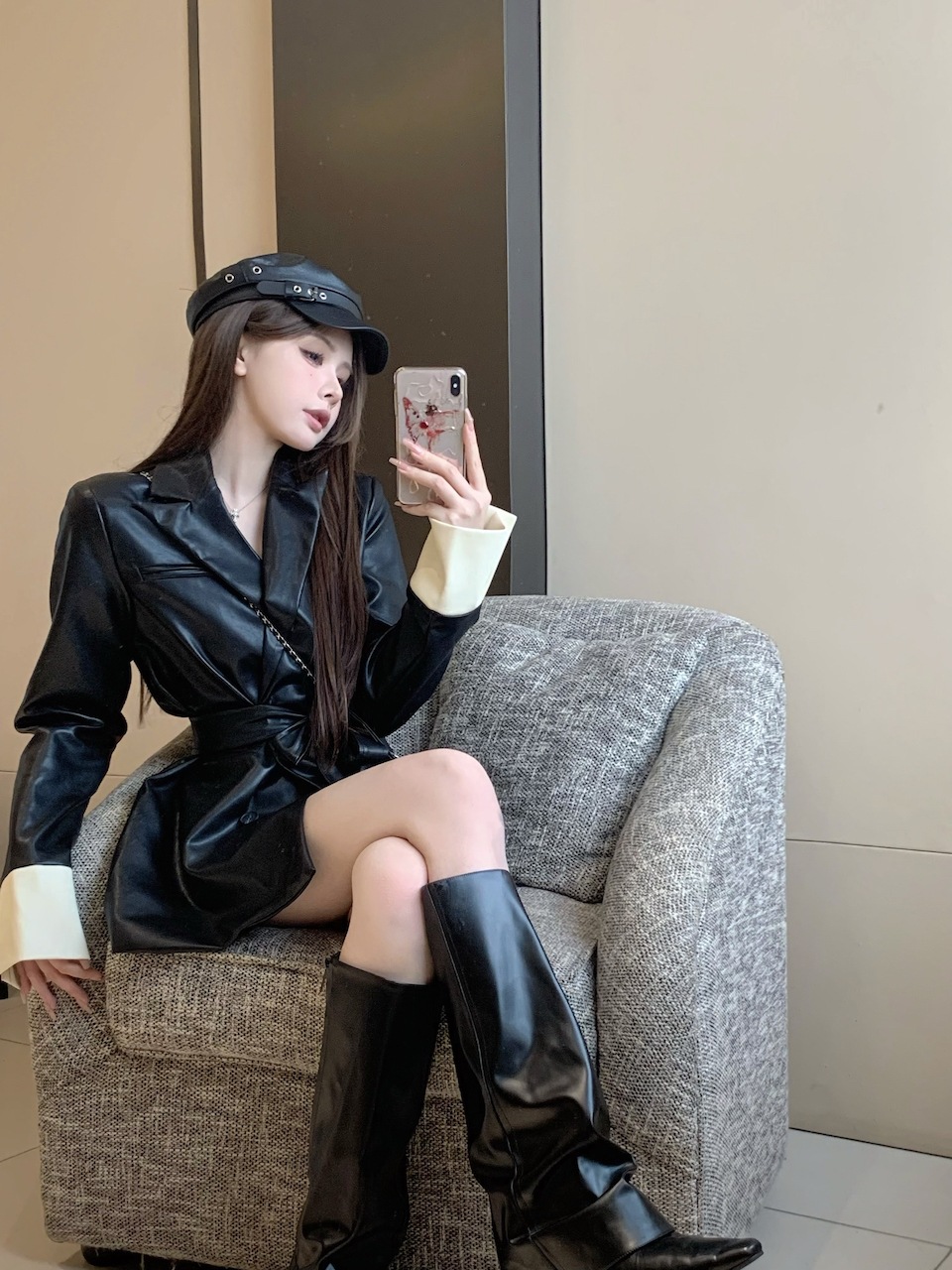 Black PU leather suit jacket for women autumn and winter 2023 New tight waist mid-length design temperament suit top