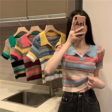 翻领短袖条纹ins潮针织衫女夏季显瘦百搭短款甜美薄款小个子上衣