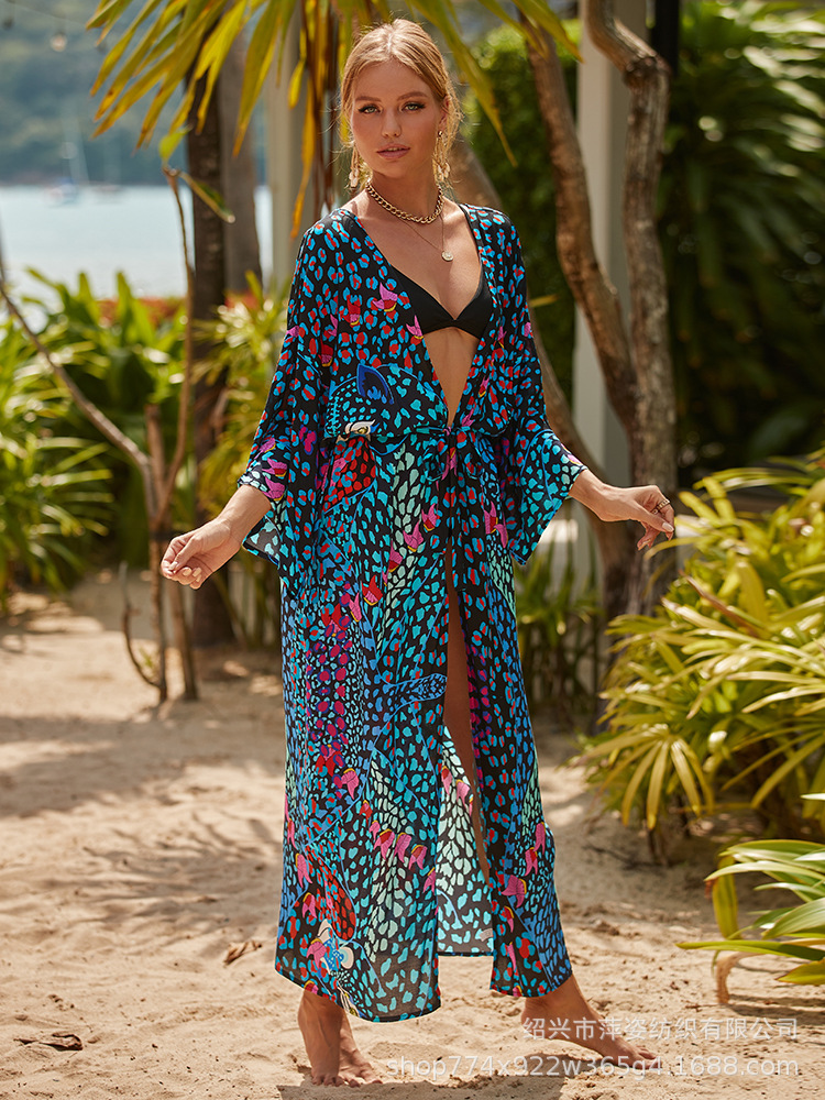 Camiseta de algodón impresa bikini cardigan vacaciones costera kimono trajes de playa transfronterizos Amazon 8601