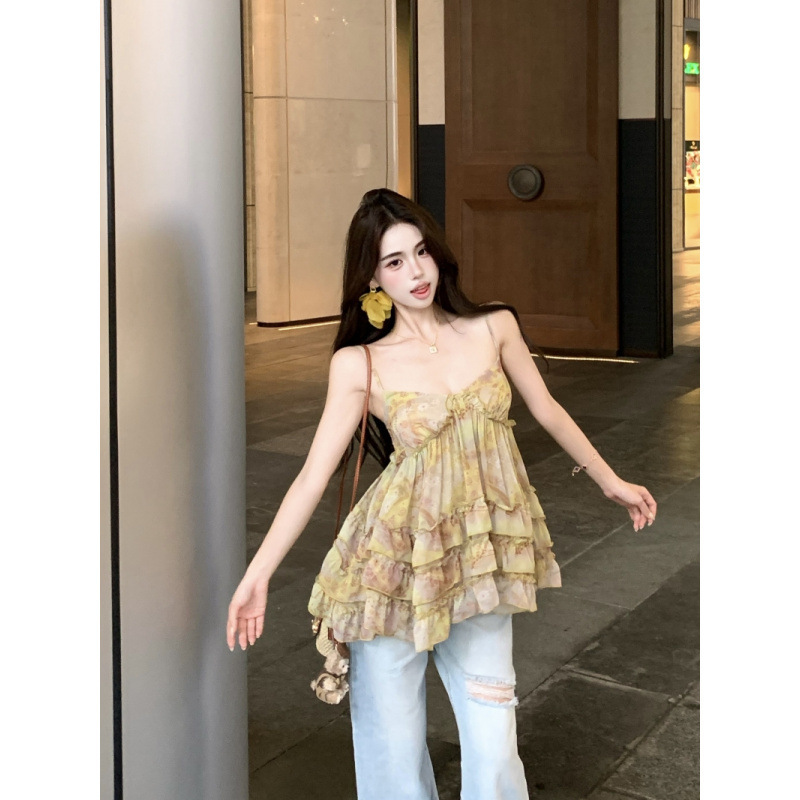 Sweet Hot Girl バケーション花柄フリルキャミソール女性用ビーチバケーションスタイルトップ|undefined