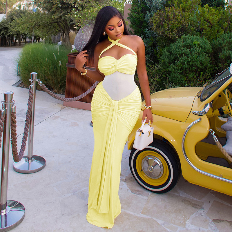 European and American Style Foreign Trade Women's Slightly See-Through Strappy Backless Solid Color Bodycon Dress with Halter Neck and Ruched Bust, Slim Long Dress