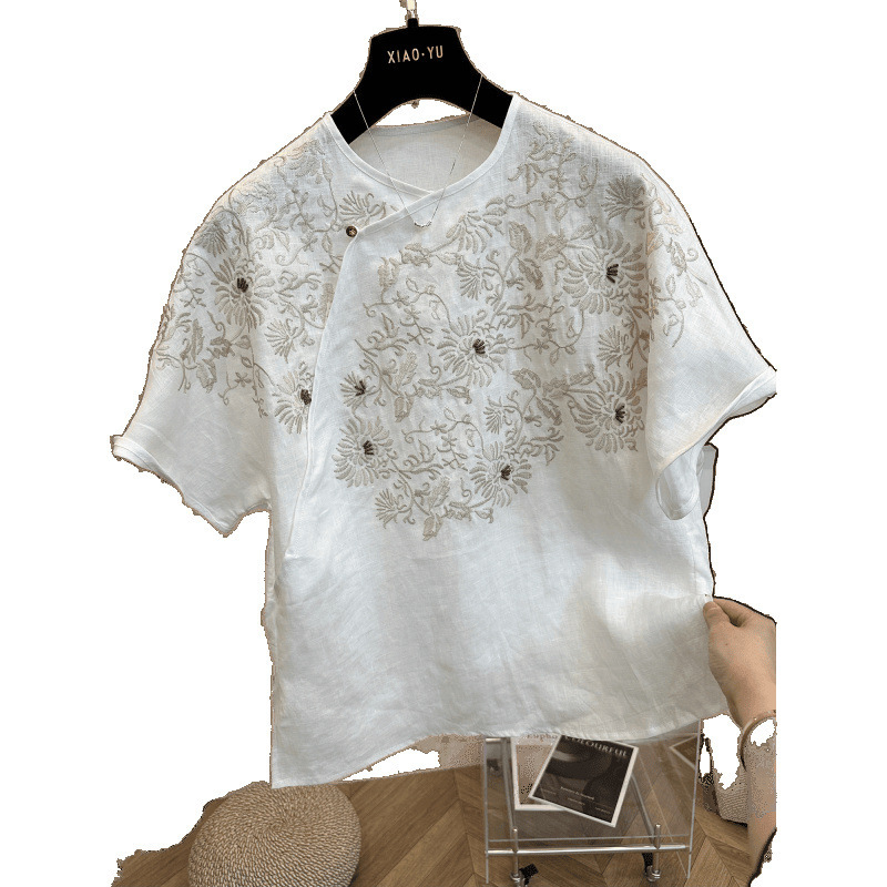 ハイエンドヨーロッパ夏の新しいスタイルのハイエンドファッション重工業国民風刺繍純粋なラミーラウンドネック半袖シャツトップス女性用|undefined