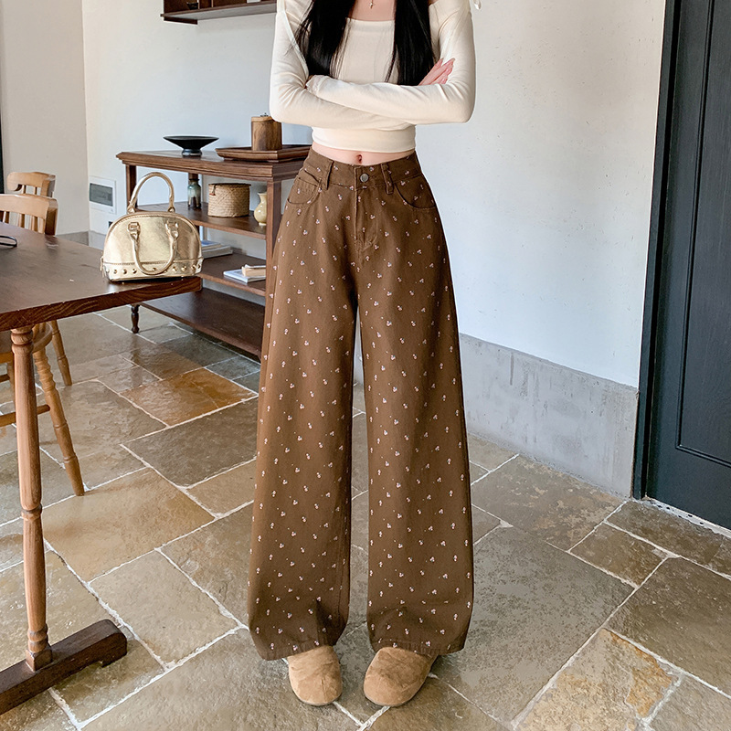 High Street Coffee-Colored Floral Wide-Leg Jeans for Women, New Spring and Autumn High-Waisted Slimming Versatile Straight-Leg Pants
